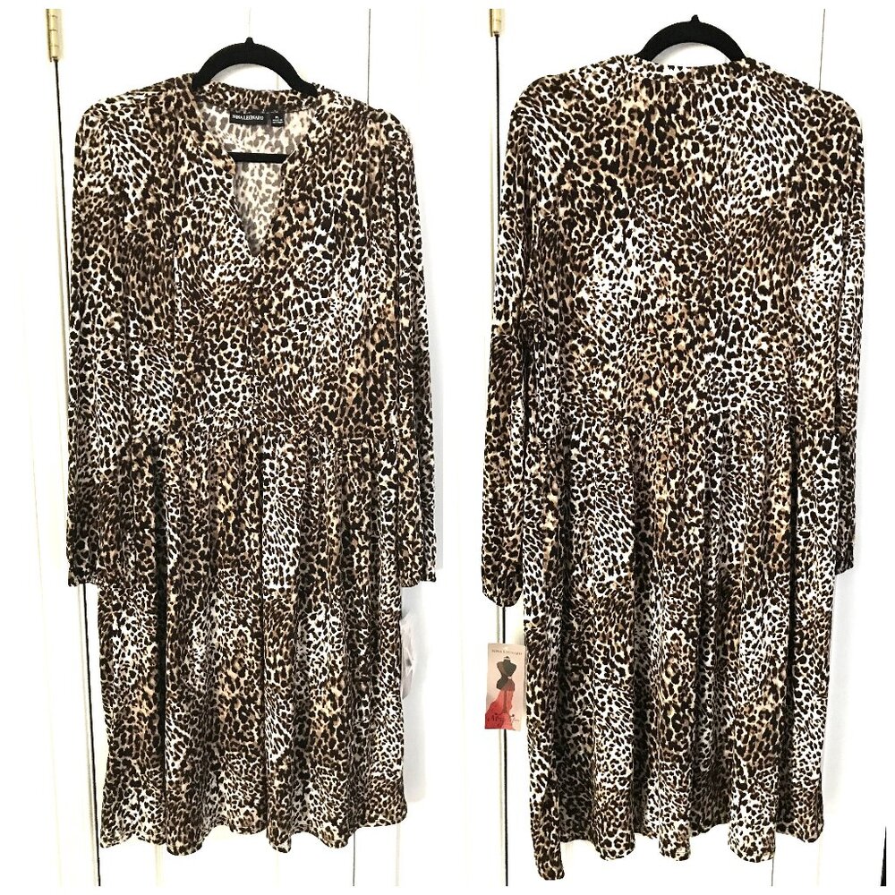 NWT Nina Leonard Leopard Print Swing Dress Long Sleeve V Neck Size XL